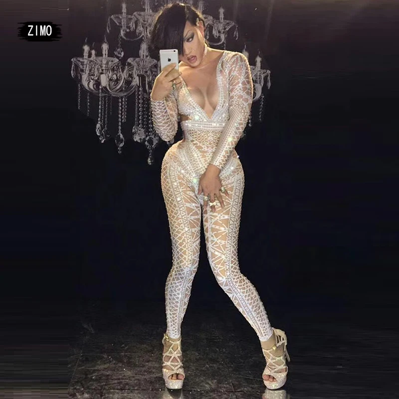 Benutzer definierte sexy weißen Glitzer Overall Damen Strass einteilige Nachtclub Party tragen Tanz sänger Bühnen performance Gogo Kostüme Image