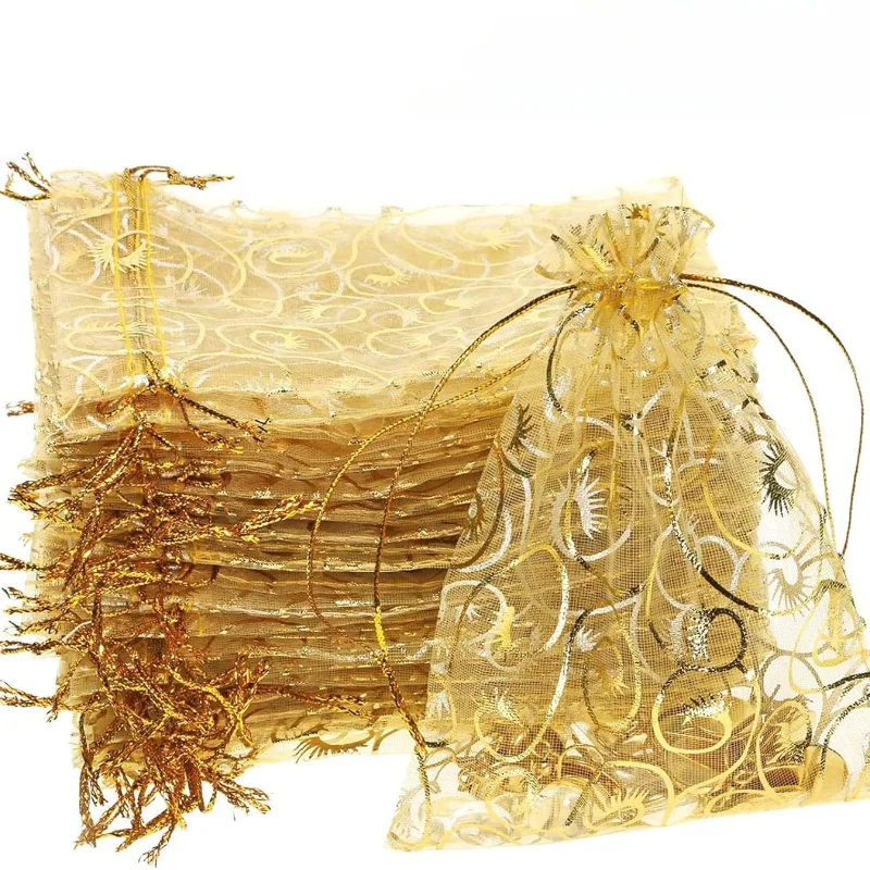 100 Stück goldene Mesh-Partygeschenktüten mit Kordelzug, Geschenkbeutel für Süßigkeiten, Make-up, Schmuck, Zubehör, Reisen, unverzichtbares Partyzubehör Image