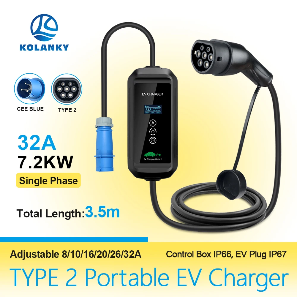 Kolanky tragbare ev ladegerät wallbox typ2 kabel 32a 7kw mit ev ladegerät steckdose haken typ2 für elektro fahrzeug Image