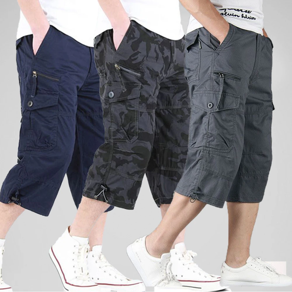 Herren-Cargo-Shorts aus 100 % Baumwolle, einfarbig, lockere Freizeithose, elastische Taille, große Größe, Outdoor, Frühling, Sommer, Shorts mit mehreren Taschen Image