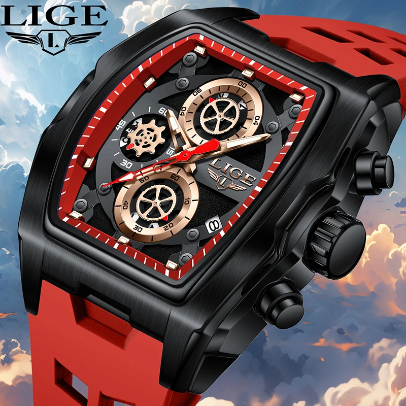 LIGE Kreative Quadratische Uhr Männer Militärische Wasserdichte Sport Chronograph Männlichen Mode Silikon Datum Quarz Armbanduhren Für Männer Image