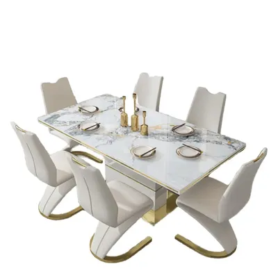 Hanyee White Luxury Marble Dining Table Set 6 Chairs Sintered Stone Top with Gold Stainless Steel Base for Dining Room Furniture
