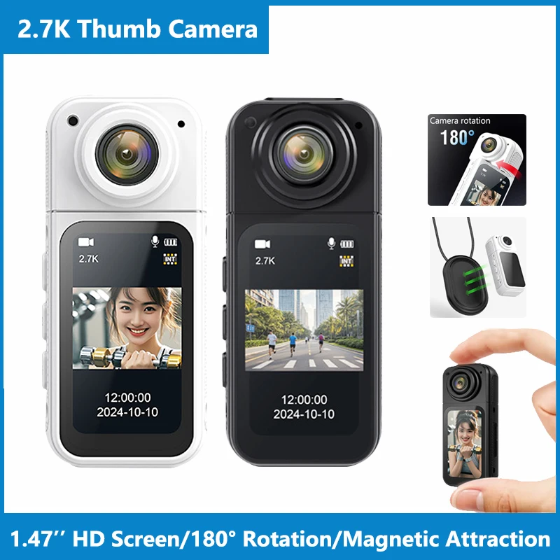 Mini-Magnet-Daumenkamera, 1,47 Zoll HD-Bildschirm, Cam, Outdoor-Sport, Radfahren, Recorder 180 ° Rotation 2,7K Pocket Action-Camcorder Image