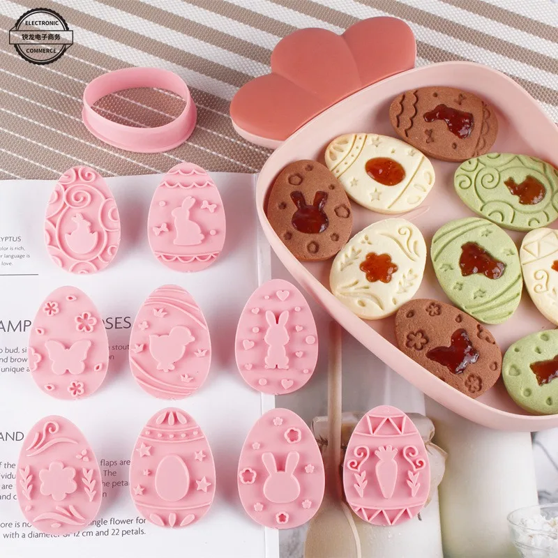 9Pcs DIY Ostern Sauce Sandwich Keks Form Cartoon Hase Ei Cookie Schneider 3D Backen Cookie Form Stempel Kuchen Dekorieren werkzeuge Image