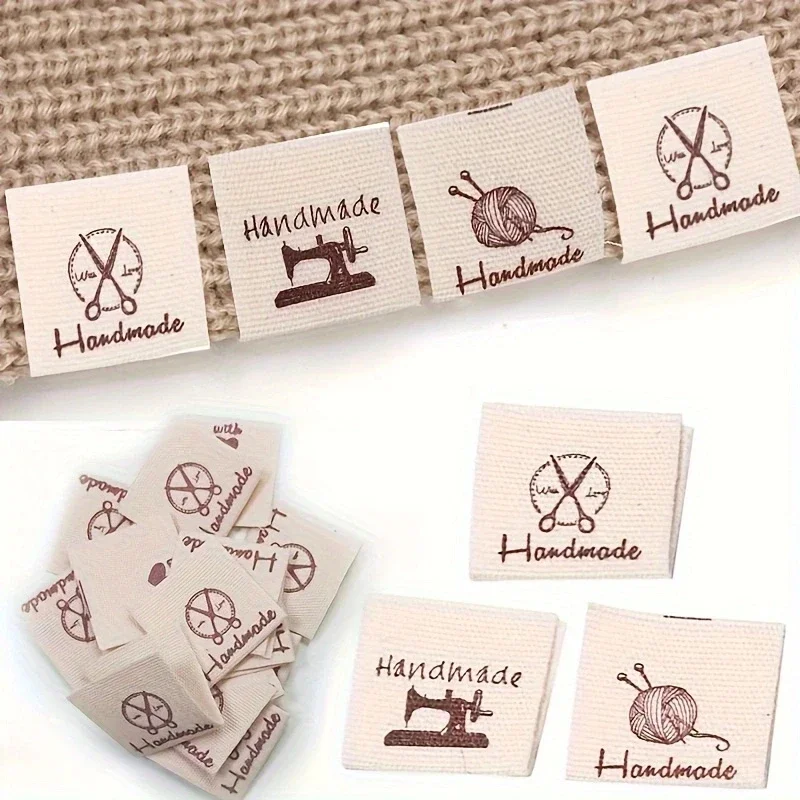 10 Stück Stoffetiketten, handgefertigte Etiketten, Faltetiketten, handgefertigtes Etikett für Strickmützen, bedruckte, aus Baumwolle gewebte Nähetiketten Image
