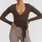 Solid Color Long Sleeve Wrap Bandage T-shirt Workout Clothes Women Sporty Yoga Crop Tops Ladies Deep V Neck Slim Fit Blouse Tees