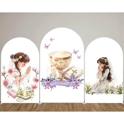 Mehofond Baptism Arch Backdrop Cover First Holy Communion Party Boy Girl Cross Christening Angel Baby 2-sided Background Decor
