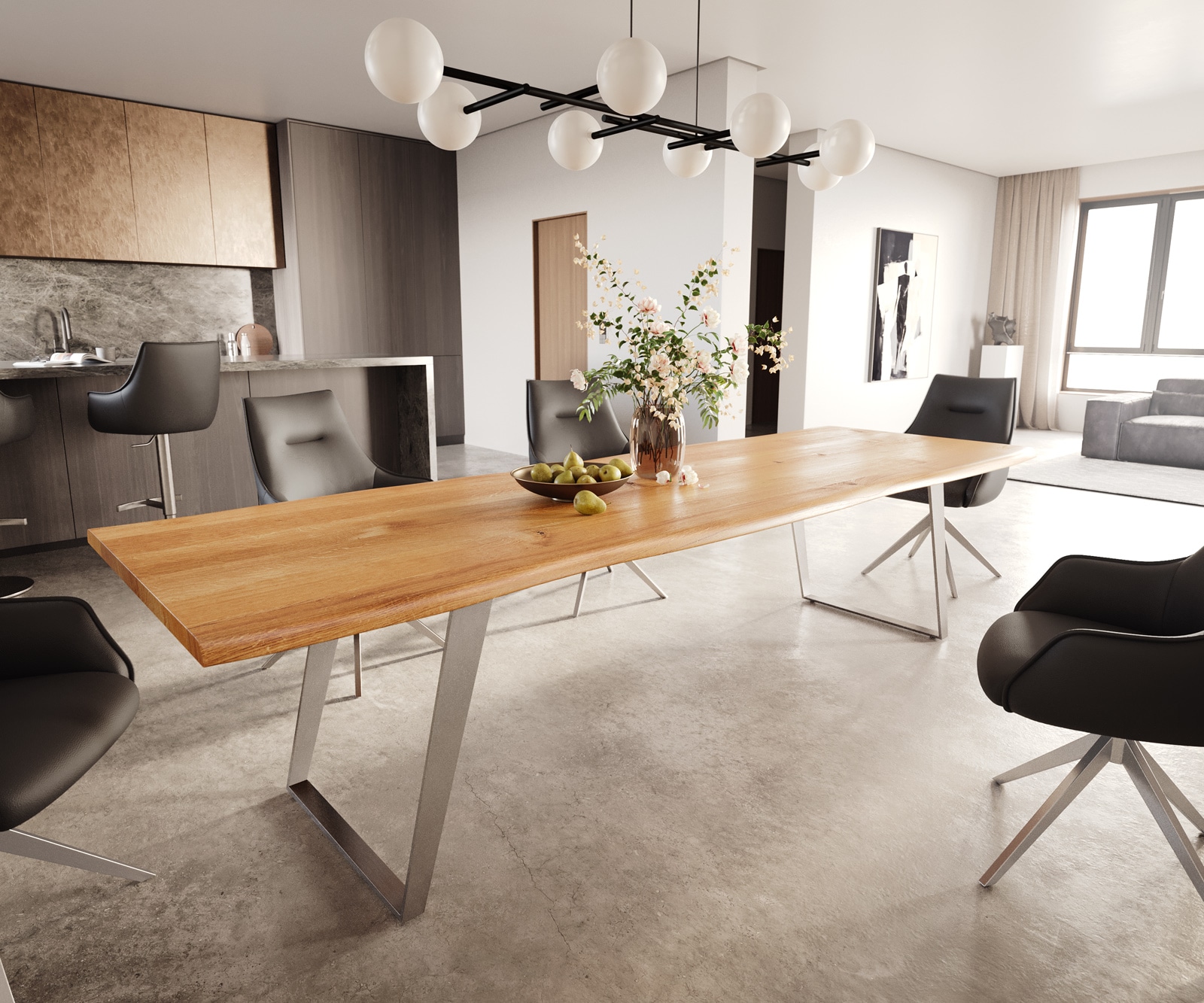 DELIFE Esstisch Edge 300x100x4 Eiche Natur Edelstahl Schräg Live-Edge, Esstische, Baumkantenmöbel, Massivholzmöbel, Massivholz Image