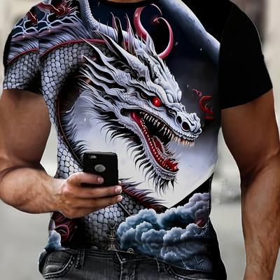 TEMU Men's 3d Print Dragon Graphic T-shirt, Casual Crew Neck Short Sleeve Tee, Polyester Knit Fabric With Stretch, For Summer Adult Fashion Top Image