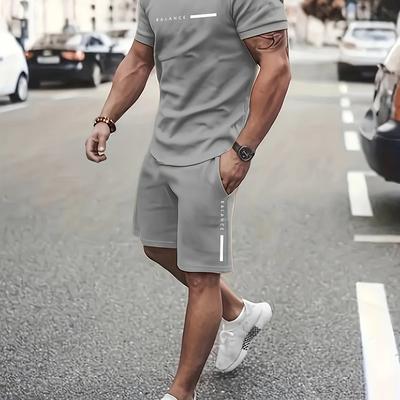 TEMU Men'-piece Set Of Trendy Casual Clothing: Round Neck Short Sleeve T-shirt And Drawstring Shorts For Spring And Summer Sports Image