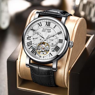 TEMU Glenaw Men' Mechanical Watch, Vintage Style, Dial With Year, Month, Day & Week Display, Skeleton Detail, 30m Water Resistant, Leather Strap Image