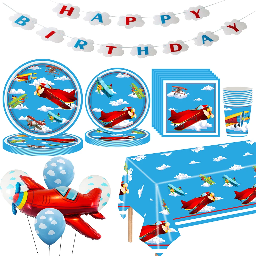 Flugzeug Geburtstag Party Dekorationen Flugzeug Party Geschirr Liefert Einweg Teller Tischdecke Servietten Tassen Banner Image