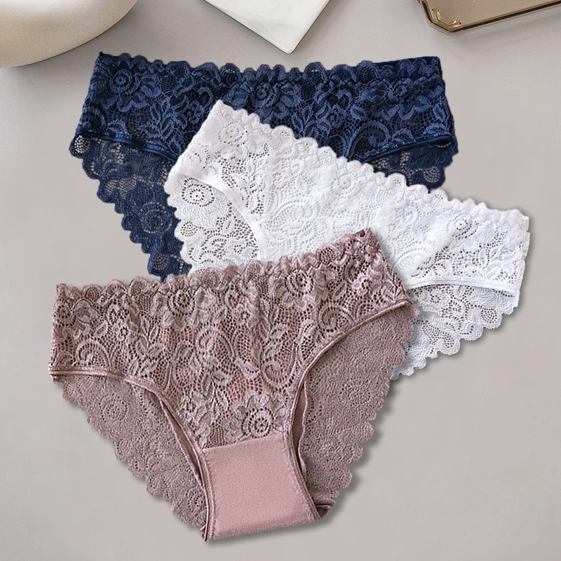 3 Teile/satz Blau Weiß Khaki Einfarbig Baumwolle Höschen Spitze Floral Stickerei Briefs Einfarbig Sexy Weibliche Unterwäsche Dessous Image