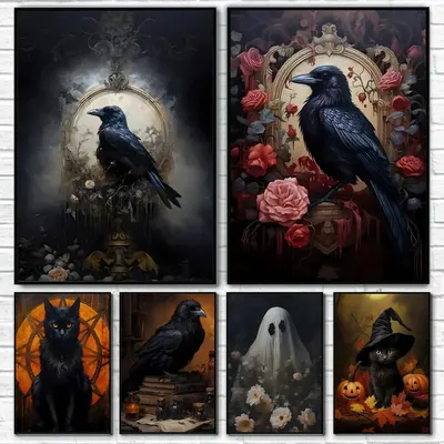 1pc Victorian Gothic Fine Art Prints Black Cat Raven Canvas Poster Paper Print Home Bedroom Entrance Art Painting Decoration