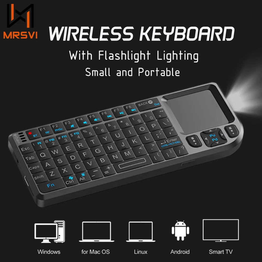 MRSVI A8 Mini-Funktastatur, 2,4 G, 7-farbige Hintergrundbeleuchtung, Touchpad-Maus, Taschenlampe, tragbar, anwendbar – perfekt für PC, Smart-TV-Box Image