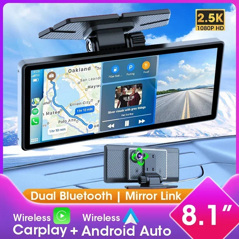 7/8,1 Zoll 2,5K Dash Cam Drahtlose Carplay Android Auto Dual Len Auto DVR 1080P Hinten Kamera navigation Dashboard Video Recorder Image