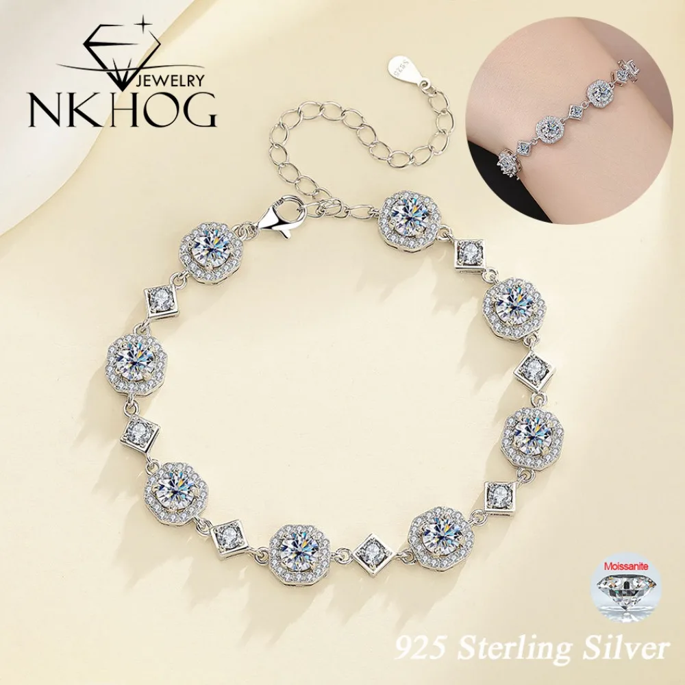 NKHOG 5 mm verstellbare Moissanit-Armbänder für Damen, 925er Sterlingsilber, Handkette, luxuriöser edler Schmuck, Verlobungsgeschenk, bestandenstest Image