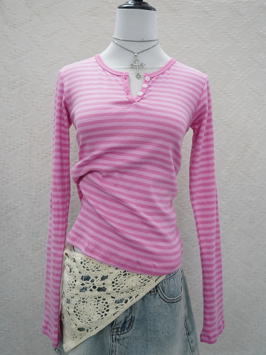 Rosa Gestreiften Dünnen Langarm T-shirts Frauen Frühling Drei Tasten Oansatz Baumwolle Tees Top Weibliche Vintage Streetwear Süße T-shirt
