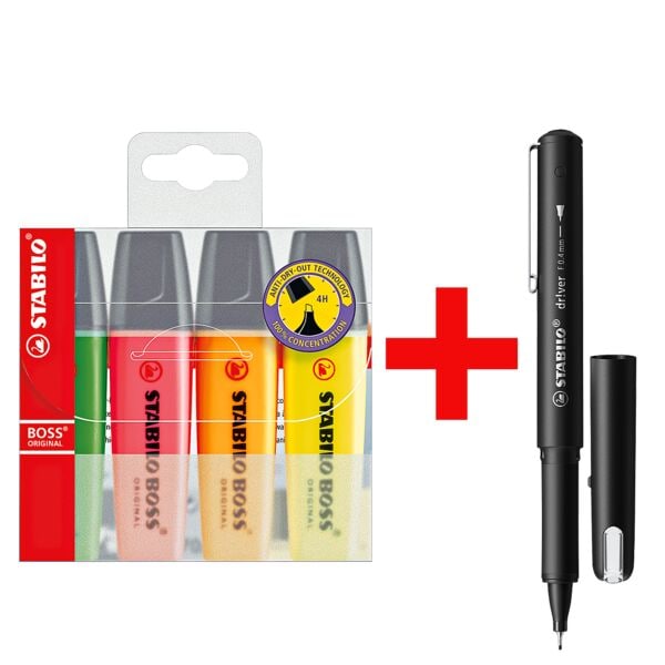 Stabilo 4er-Pack Textmarker »BOSS® Original« inkl. Fineliner »dr!ver« 0,4 mm (F) schwarz schwarz