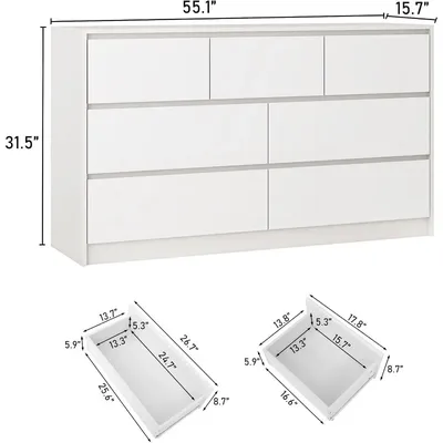 White Malm Dresser for Bedroom, 55 Inch Long Dresser High Gloss Dresser with 7 Drawers, Modern Large