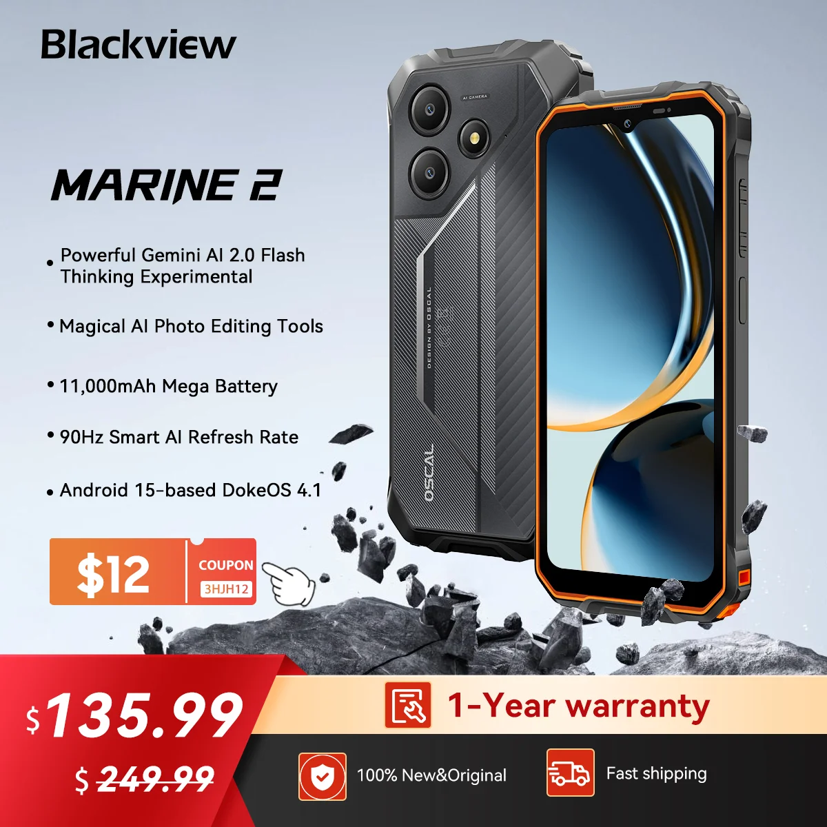 Blackview OSCAL Marine 2 Smartphone robuste AI, écran HD + 6,56 pouces, Unisoc T615, 24(8+16) Go 256 Go, 11 000 mAh, téléphone Android 15 NFC