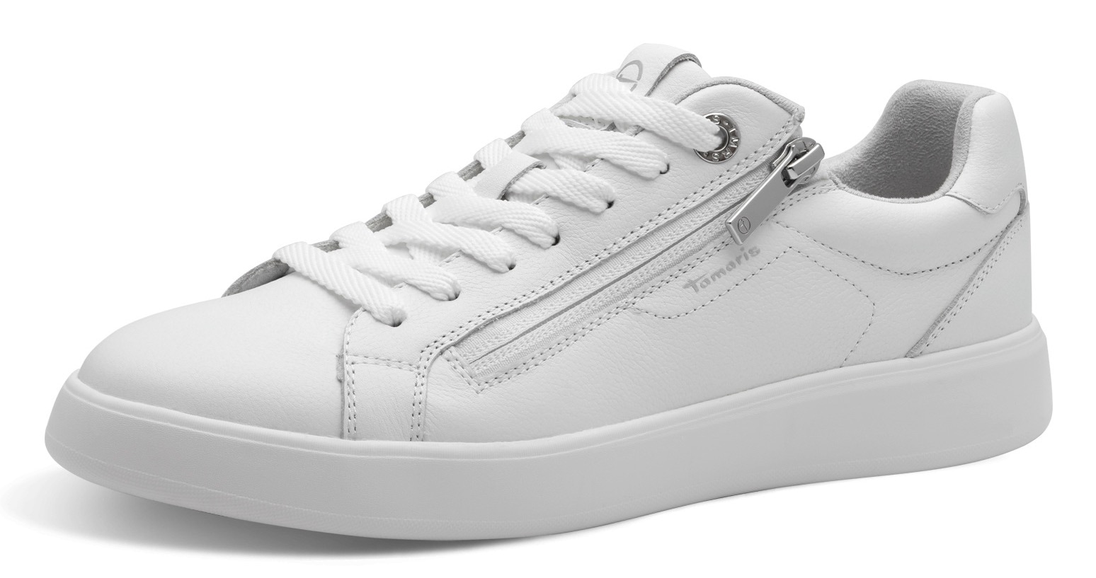 Plateausneaker TAMARIS, Damen, Gr. 36, weiß, Leder, Lederimitat, unifarben, Schuhe Plateausneaker, Freizeitschuh, Halbschuh, Schnürschuh mit Ziernähten