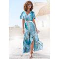 Maxikleid BUFFALO, Damen, Gr. 42, N-Gr, blau (blau bedruckt), Jersey, Obermaterial: 100% Viskose, bedruckt, animal-print, modisch, figurbetont knöchellang, V-Ausschnitt, Kurzarm, Kleider, im Vokuhila-Schnitt, Schlitz und Volant, Flügelärmel, Druckkleid