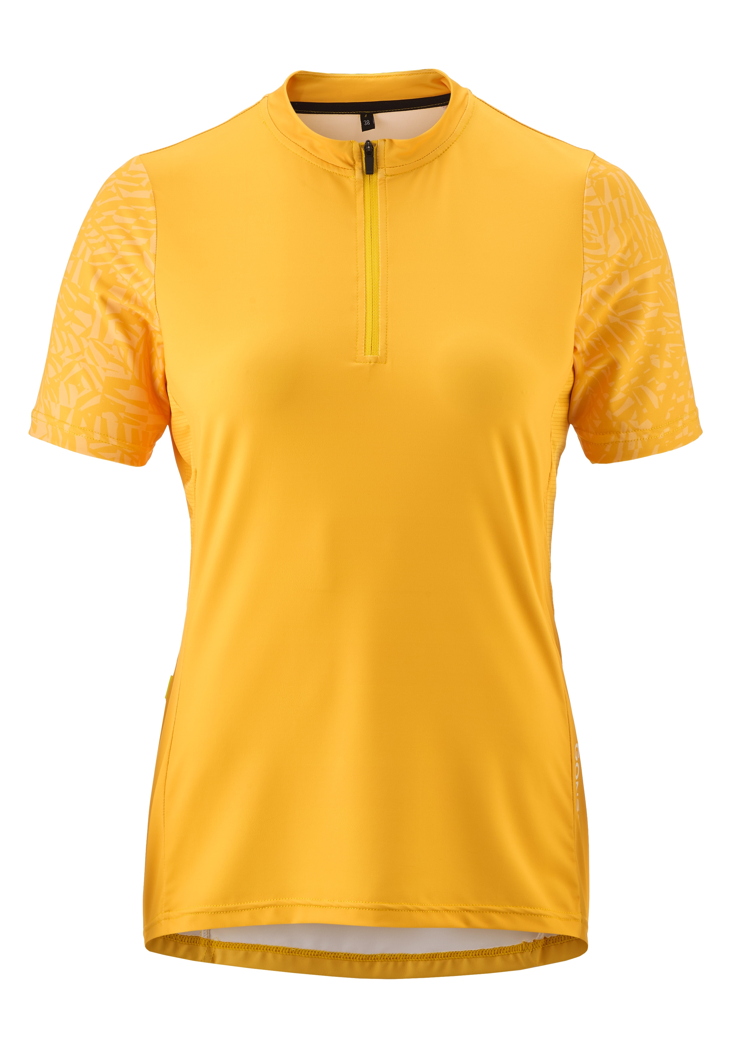 Radtrikot GONSO "Adventure Jersey Halfzip W", Damen, Gr. 46, gold (goldfarben), 88% Polyester (recycelt), 12% Elasthan, Rundhals, Trikots, Damen Fahrradtrikot kurzarm, Rückentasche mit RV, Quick-Dry, Slim Fit Image