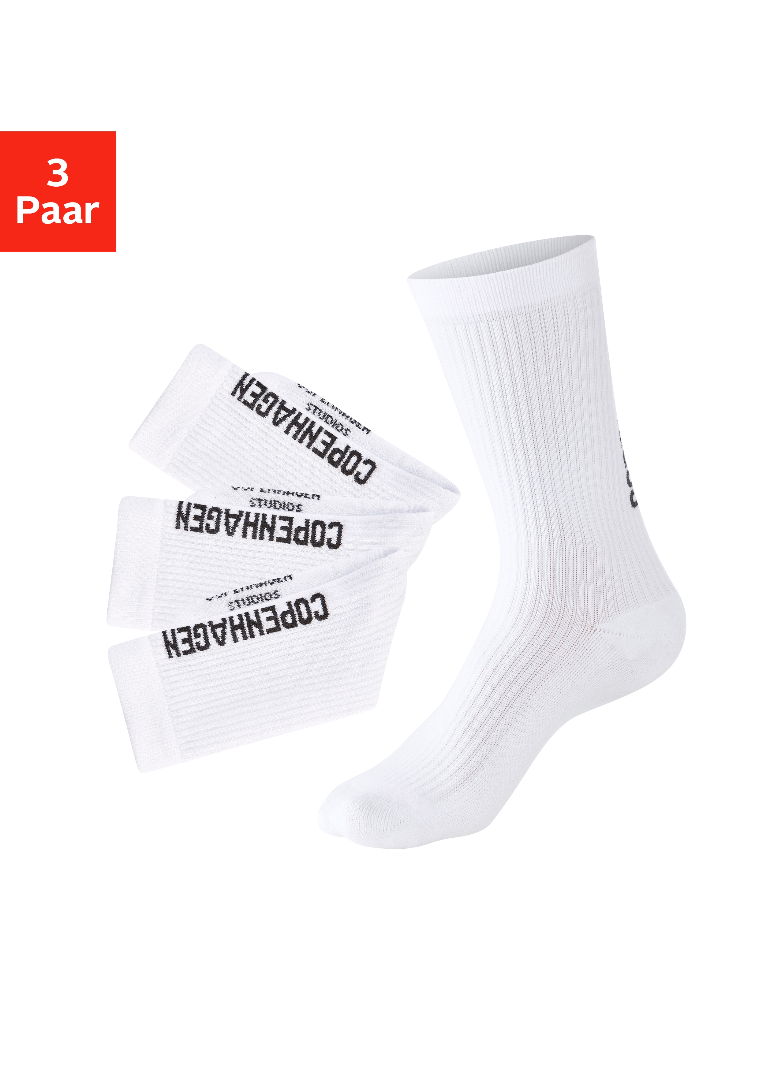 Tennissocken COPENHAGEN STUDIOS, Damen, Gr. 43-46, weiß (3x weiß), Baumwollmischung, unifarben, elastisch, Socken, mit großem Schriftzug Image