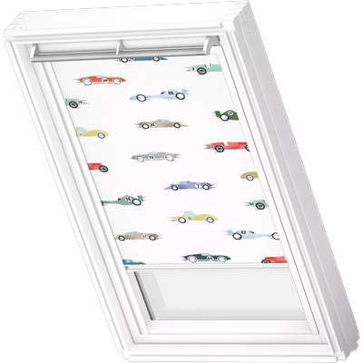 Verdunklungsrollo VELUX "DKL 4654SWL, Motiv: Kids Rennautos", kids rennautos, weiß, CK02, stufenlos positionierbar, Polyester, Rollos, weiße Führungsschienen & Griffleiste Image