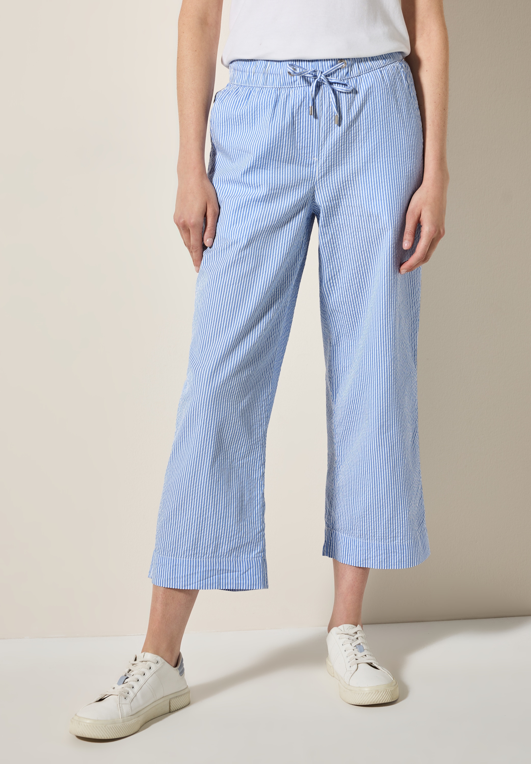 Marlene-Hose STREET ONE, Damen, Gr. XL, Länge 26, blau (aster blau), Web, 65% Baumwolle, 35% Modal, Nadelstreifen, loose fit normal, Hosen, im Loose Fit