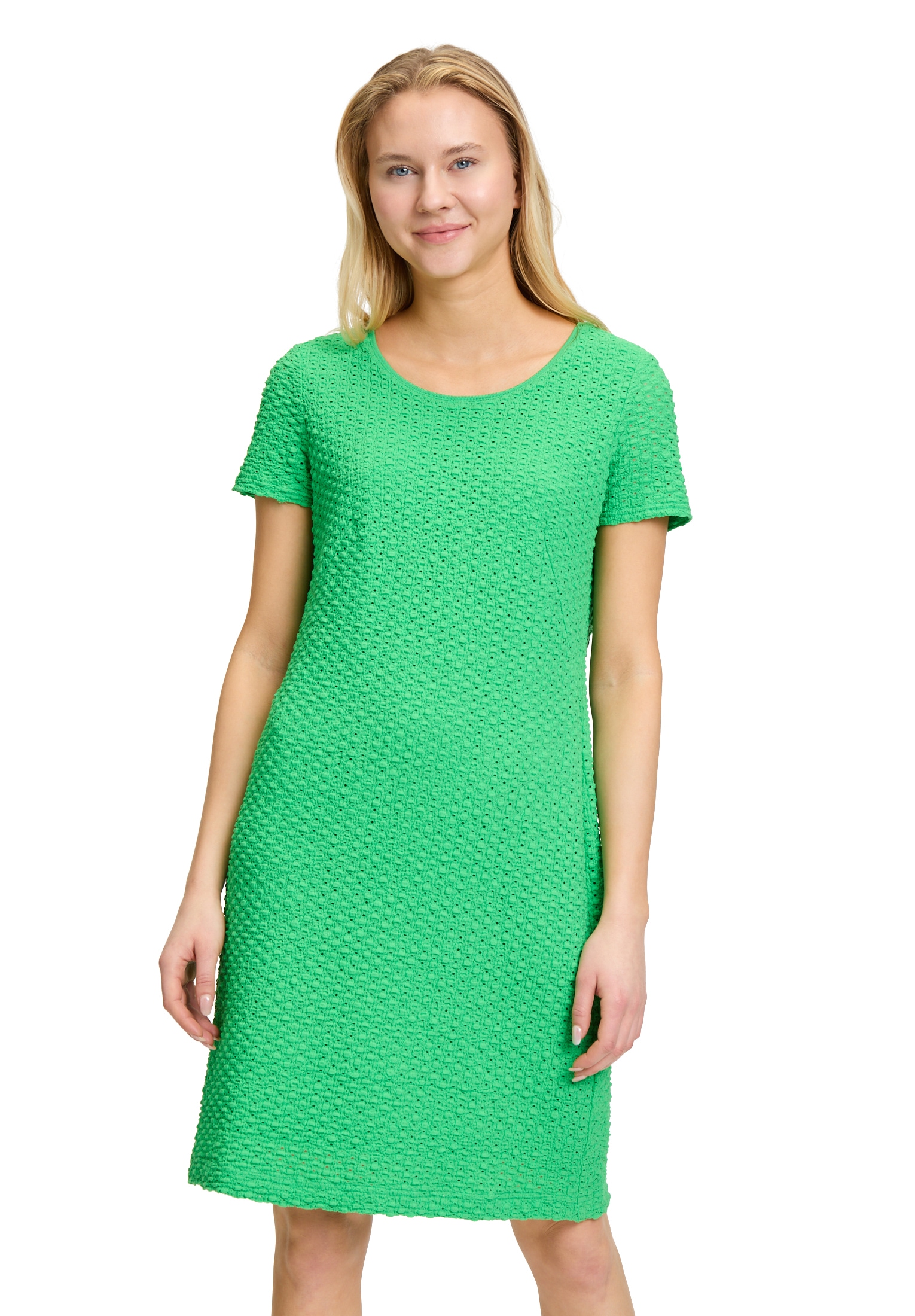 Etuikleid BETTY BARCLAY "Damen mit Rundhalsausschnitt", Damen, Gr. 40, Normalgrößen, grün (island grün), Obermaterial: 50% Polyamid, 48% Baumwolle, 2% Elasthan; Futter: 100% Polyester, figurumspielend kurz, Rundhals, Kleider Etuikleid, Muster