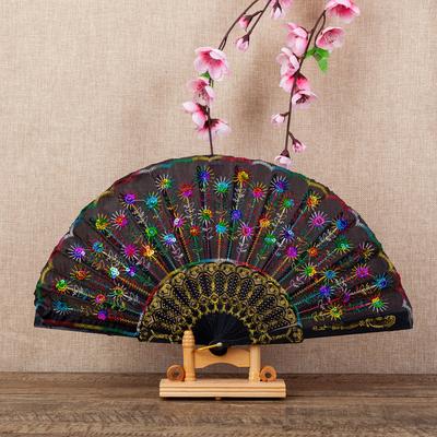 TEMU Embroidered Glitter Plastic Folding Fan, Romantic Handheld Fan, For Daily Use, Gift For Valentine's Day, Thanksgiving, Day, Graduation, Christmas, Halloween Image