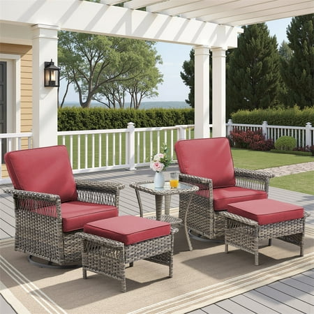 Yeahumalia 5-Piece All-Weather Wicker Patio Set with 2 Swivel Rocking Chairs 2 3-in-1 Ottomans and Side Table for Porch Pool Garden Red