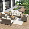 8-Piece Wicker Outdoor Patio Furniture Set Set with 2 Armrest Sofa 3 Armrless Sofa 2 Swivel Rocking Chair 1 Storage Wood Table Wicker Conversation Set for Backyard and Garden Beige+Brown