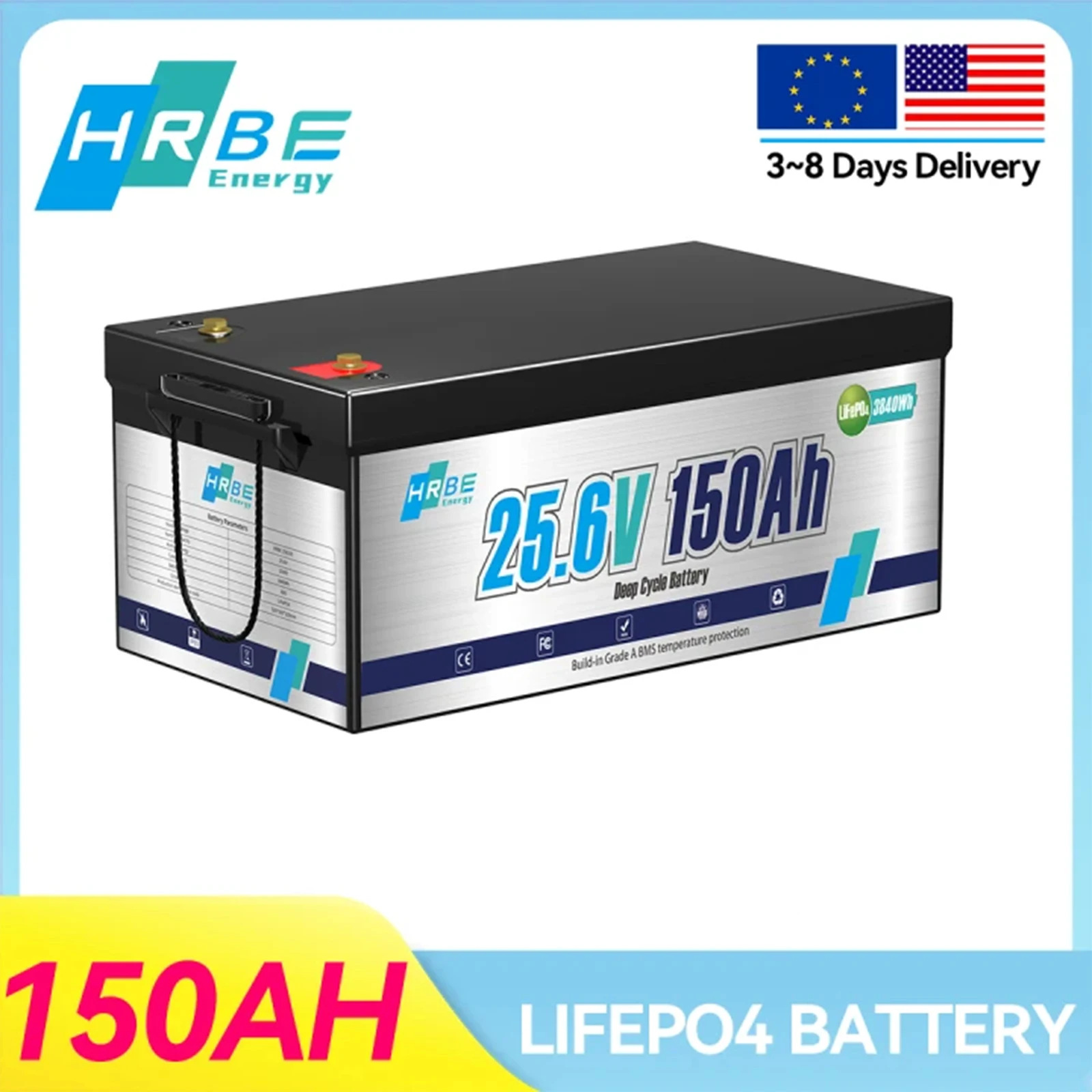HRBEEnergy 24 V 150 Ah 3,84 kWh Deep Cycle LiFePO4-Batterie mit 100 A BMS, perfekt im Solar-/Energiespeichersystem, Marine, Notstromversorgung Image
