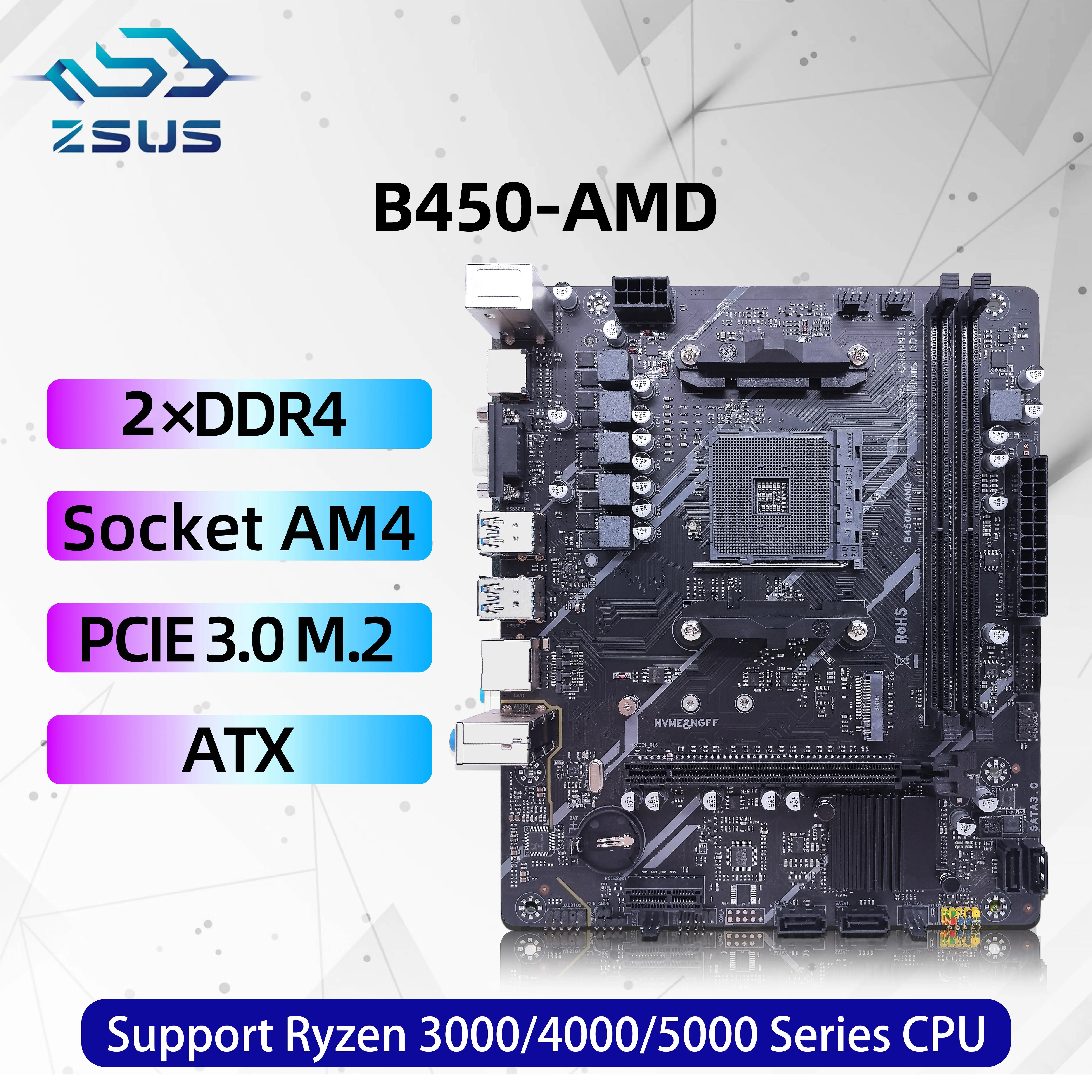 ZSUS B450M-AMD Motherboard AMD unterstützt DDR4 Desktop RAM AM4 CPU-Steckplatz NVME NGFF M.2 USB 3.0 VGA Dual Channel für Ryzen5 Image