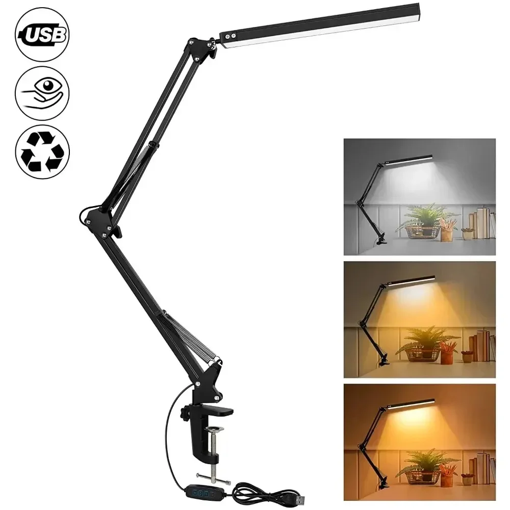 LED Schreibtisch lampe mit Klemme 10w Schwinge Arm Schreibtisch lampe Augen pflege dimmbare Schreibtisch leuchte mit 3 Beleuchtungs modi 10 Helligkeits stufe