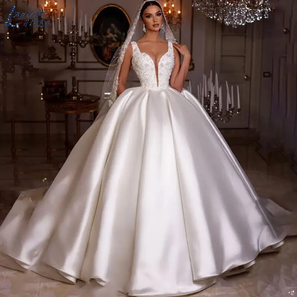 LAYOUT NICEB abito da sposa in raso senza maniche di lusso principessa Plus Size a-line abiti da sposa senza maniche Vestido de Noiva Custom MadeLAYOUT NICEB abito da sposa in raso senza maniche di