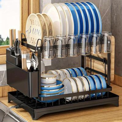 TEMU 2 Tier Stainless Steel Dish Drying Rack With , Adjustable Dish Drainer For Kitchen Counter With Utensil Holder And Cup Rack – Rotatable Drainage System Image