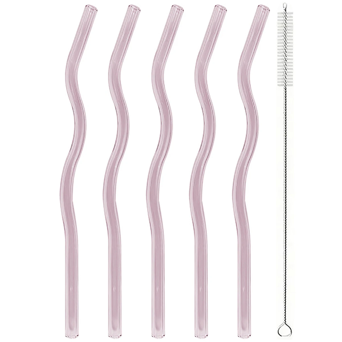 5-teiliges gewelltes, wiederverwendbares Trinkhalm-Set aus Borosilikatglas mit Bürste, Glasstrohhalm für Milchshake, Cocktail, Bar, Trinkgeschirr Image