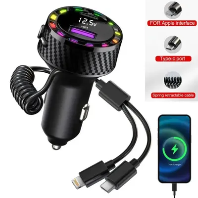 60W Car Phone Charger Cigarette Power Adapter Colorful RGB Light with Apple Type-C Port Charging Cable for IPhone Huawei Xiaomi