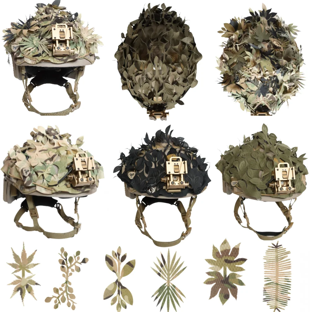 Modularer 3D-Camouflage-Helmbezug mit personalisierten mehreren geformten Blättern, der das Gras bedeckt Image