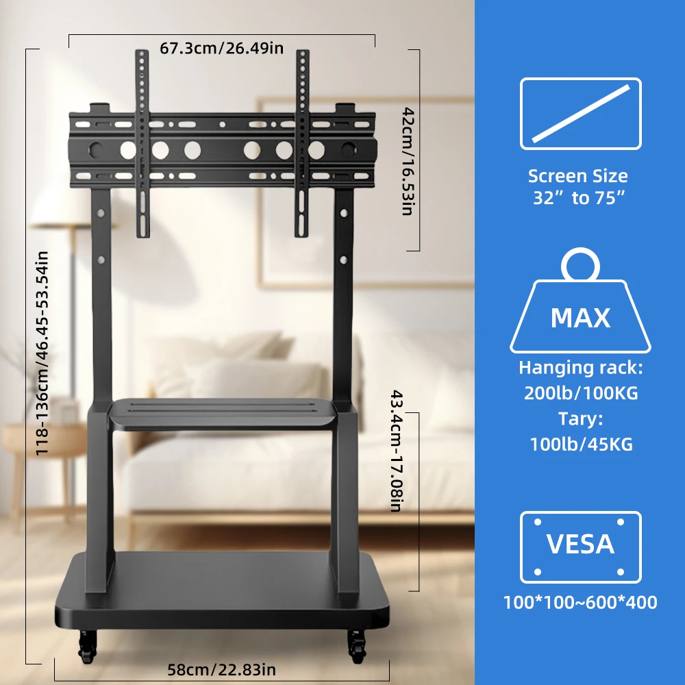 Mobiler TV-Wagen, rollender TV-Ständer für 32-75-Zoll-Fernseher mit feststellbarem Rad, höhenverstellbarer TV-Ständer mit Rädern, max. VESA 600 x 400 mm Image