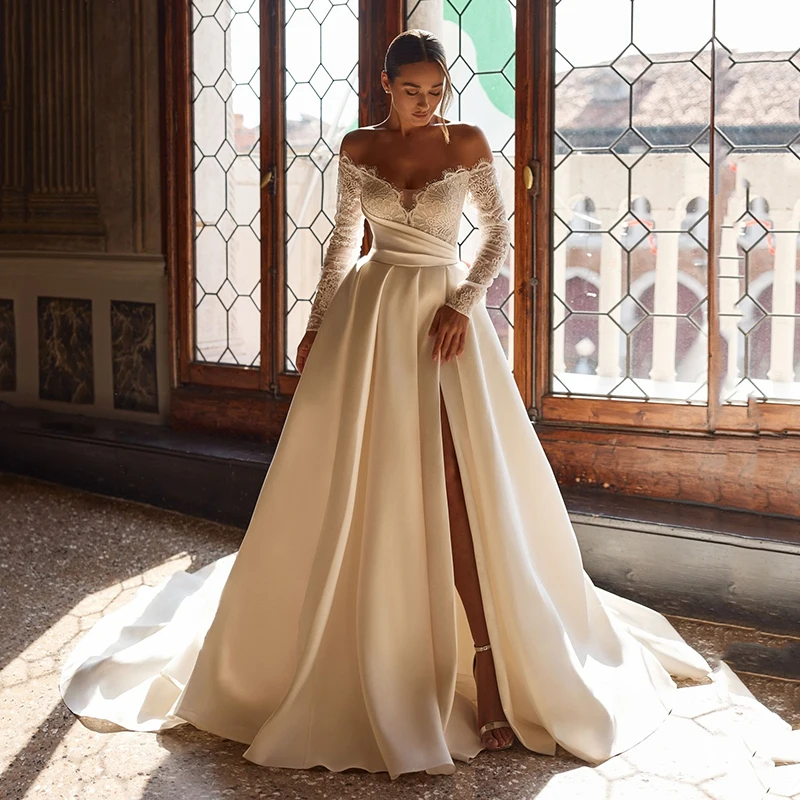 Eightree Elegante A-Linie Brautkleider Langarm Schatz Spitze Brautkleid Prinzessin Weiß Hochzeit Ballkleider Maßgeschneidert