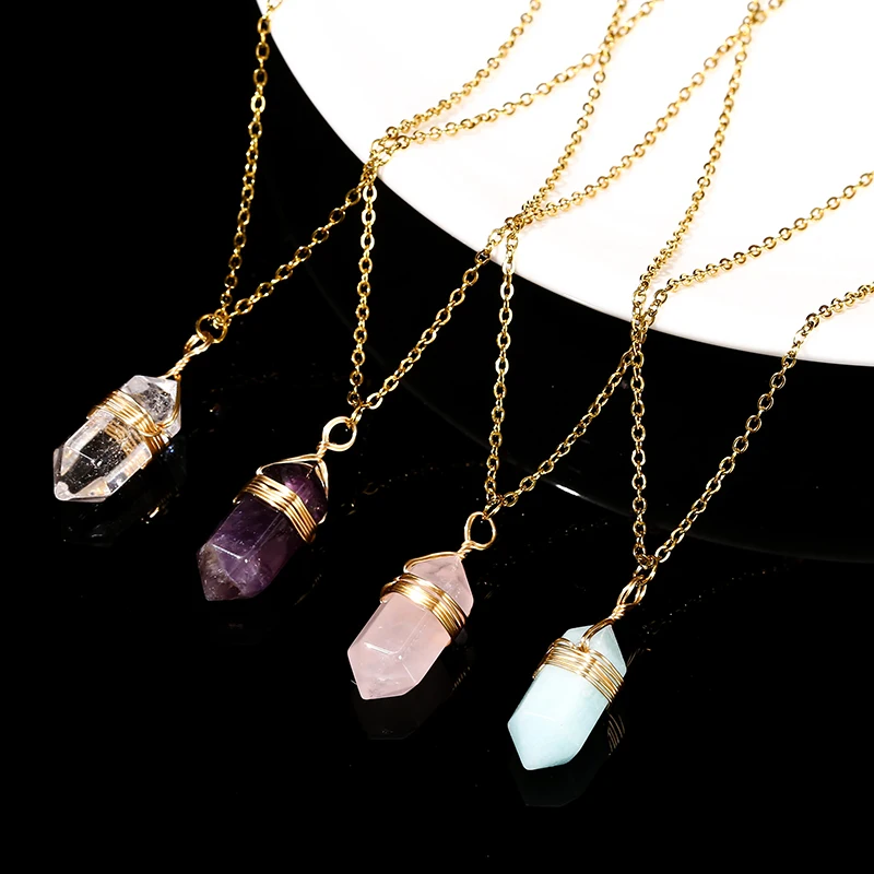 JD Naturstein Amethyst Gelbes Tigerauge Obsidian Sechseck Säule Charm Halskette Damen Herren Mode Energie Heilung Kette Halsband Image