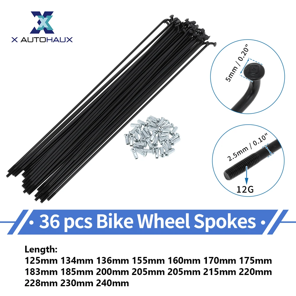 X Autohaux Bicycle Spokes 12G 125/134/136/155/160/170/175/183/185mm Length Bike Wheel Spokes Replacment Parts Carbon Steel Black