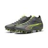 Fußballschuh PUMA "ULTRA 5 MATCH+ FG/AG Fußballschuhe Erwachsene", Gr. 44.5, matte aged silber gelb alert blau gray, Obermaterial: Synthetik, Textil; Futter: Synthetik, Textil; Innensohle: Textil; Laufsohle: Synthetik, Schuhe