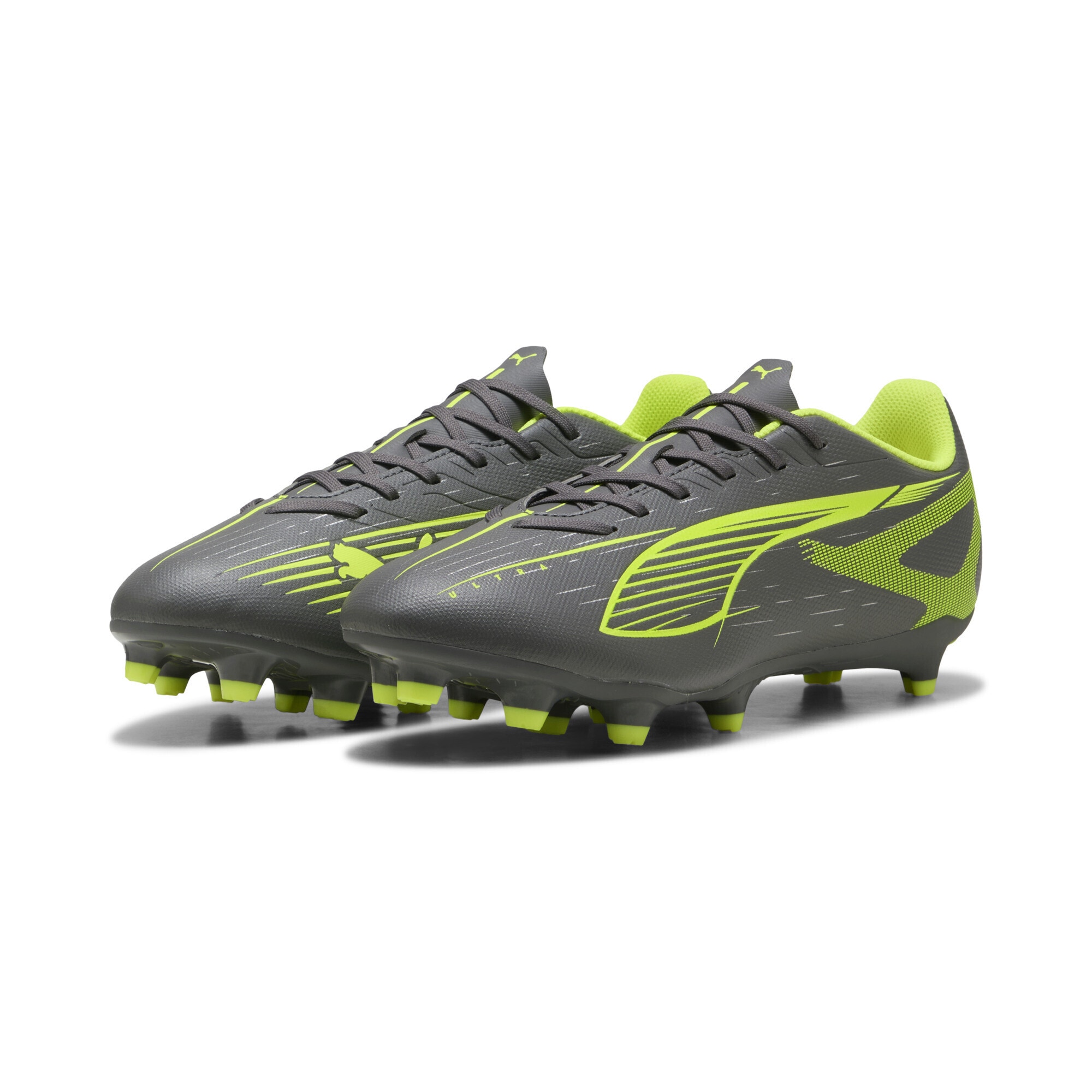 Fußballschuh PUMA "ULTRA 5 PLAY FG/AG Fußballschuhe Erwachsene", Gr. 44, gelb (matte aged silber gelb alert blau gray), Obermaterial: Synthetik, Textil; Futter: Textil; Innensohle: Textil; Laufsohle: Synthetik, Schuhe