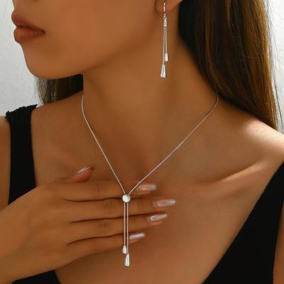 TEMU A Stylish Jewelry Set Consisting Of A Sleek Snake Chain Necklace With An Adjustable Pendant, With A Matching Set Of Pendant Earrings. Party Dresses And Everyday Wear, This Set Embodies And . Image